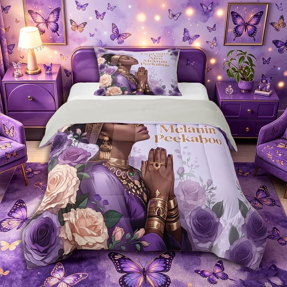 Castle Fairy Elegant Afro Woman Twin Comforter Sets 2pcs,Purple Rose Gold Jewelry Bedding Set,Purple Gold,Grey Reversible,1 Comforter and 1 Pillowcase