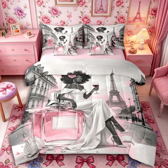 Castle Fairy Elegant Black Woman Twin Bedding 7-Piece,Romantic Paris Eiffel Tower Bedding Comforter Set,Pink,Pink Reversible