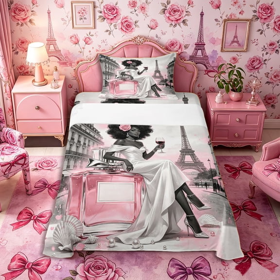Castle Fairy Elegant Black Woman Twin Sheets 3pcs,Romantic Paris Eiffel Tower Bedding,Pink,1 Fitted Sheet, 1 Flat Sheet and 1 Pillowcase