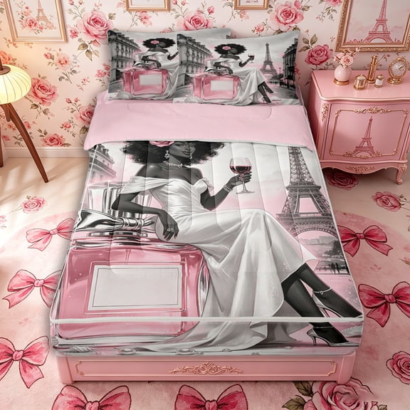 Castle Fairy Elegant Black Woman Zipper Twin Comforter Sets with Fitted Sheet and 2 Pillowcases,Romantic Paris Eiffel Tower Zipper Bedding Set,Pink,Pink Reversible,4-Piece