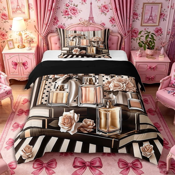 Castle Fairy Elegant Champagne Rose Perfume Pattern Twin Comforter Sets 2pcs,Vintage Polka Dot Book Print Bedding Set,Black Beige Gold,Black Reversible,1 Comforter and 1 Pillowcase
