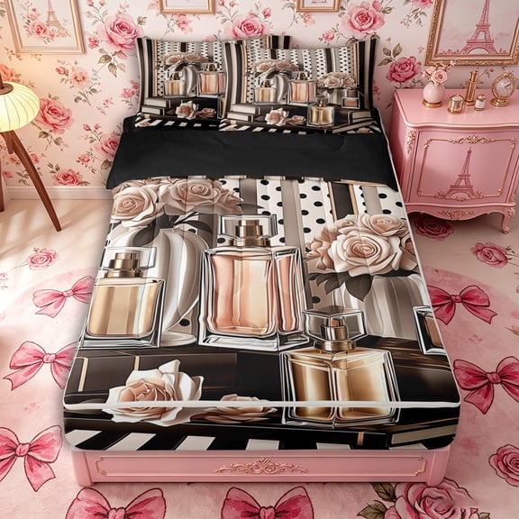 Castle Fairy Elegant Champagne Rose Perfume Pattern Zipper Twin Comforter Sets with Fitted Sheet and 2 Pillowcases,Vintage Polka Dot Book Print Zipper Bedding Set,Black Reversible,4-Piece