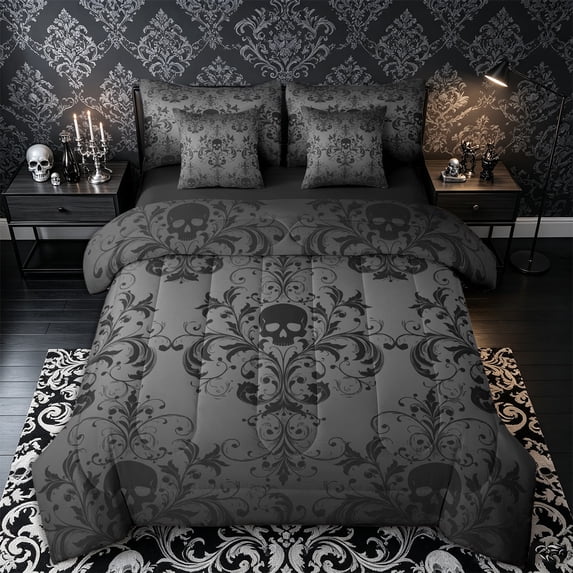 Castle Fairy Elegant Damask Skull King Bedding 7pcs,Flowing King Bed in a Bag,Gray Black,Black Reversible