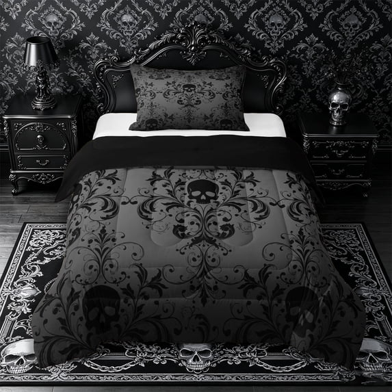 Castle Fairy Elegant Damask Skull Twin Comforter Sets 2pcs,Flowing Bedding Set,Gray Black,1 Comforter and 1 Pillowcase,Black Reversible