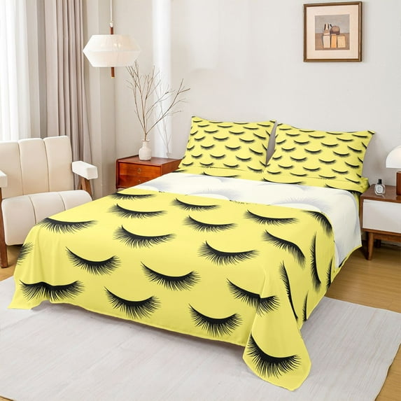 Castle Fairy Elegant Eyelash Full Size Sheets 4-Piece for Adults Female Women,Black Yellow Breathable Bed Sheets,Bling Makeup Lightweight Sheet Sets,Lightweight Room Decor
