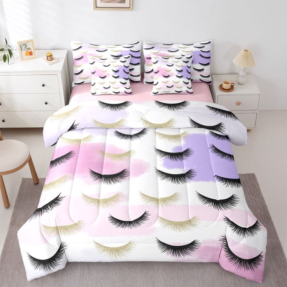 Castle Fairy Elegant Eyelash Girl Twin Bedding Sets 7-Piece,Bling Makeup Bedding Comforter Set Microfiber,Dreamy Princess Breathable Sheet Sets,Microfiber Bedroom Decor,Reversible