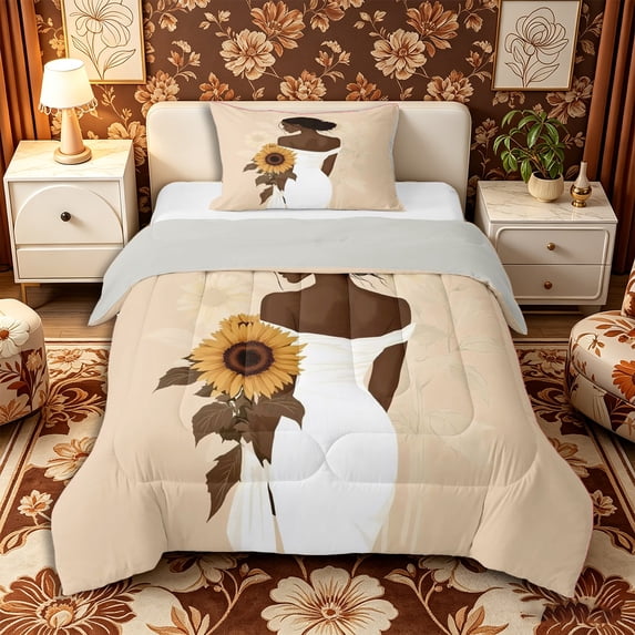 Castle Fairy Elegant Female Figure Twin Comforter Sets 2pcs,Retro Floral Sunflower Bedding Set,Beige,Grey Reversible,1 Comforter and 1 Pillowcase