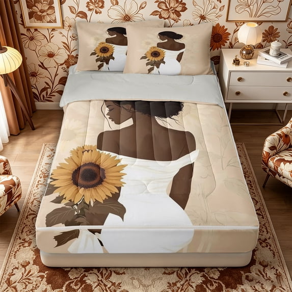 Castle Fairy Elegant Female Figure Zipper Twin Comforter Sets with Fitted Sheet and 2 Pillowcases,Retro Floral Sunflower Zipper Bedding Set,Beige,Grey Reversible,4-Piece