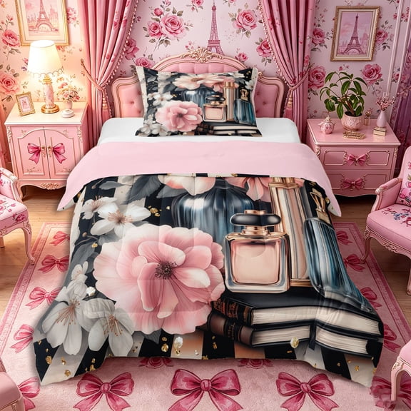 Castle Fairy Elegant Floral Perfume Print Twin Comforter Sets 2pcs,Vintage Gold Glitter Book Pattern Bedding Set,Black White Pink Blue,Pink Reversible,1 Comforter and 1 Pillowcase