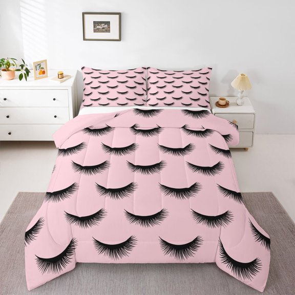 Castle Fairy Elegant Glitter Eyelash 3 Pieces Queen Comforter Set for Teens Girls,Bling Makeup Ultra Soft Bedding Sets,Black Pink Bedding Comforter Set Breathable,Breathable Home Decor,Reversible