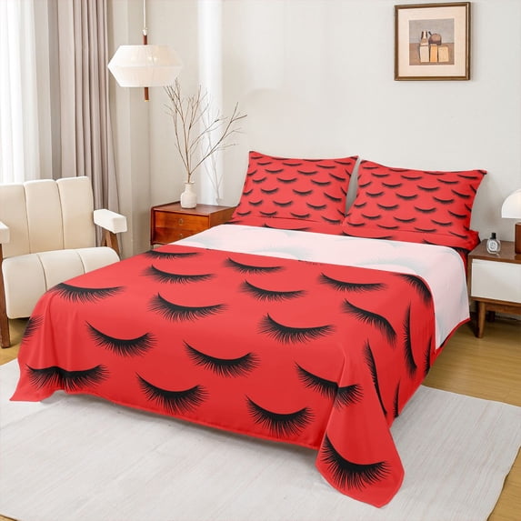Castle Fairy Elegant Glitter Eyelash Full Size Sheets 4-Piece for Teens Girls,Bling Makeup Breathable Bed Sheets,Black Red Lightweight Sheet Sets,Breathable Home Decor