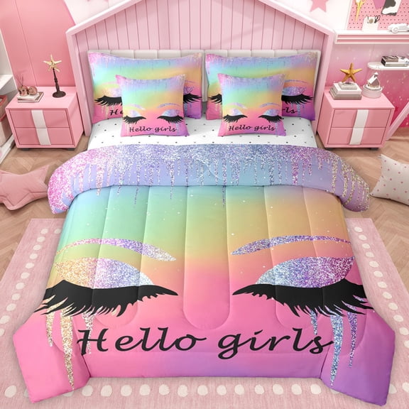 Castle Fairy Elegant Glitter Eyelash Twin Bedding Sets 7-Piece for Teens Girls,Bling Makeup Bedding Comforter Set Microfiber,Abstract Gradient Breathable Sheet Sets,Breathable Home Decor,Reversible