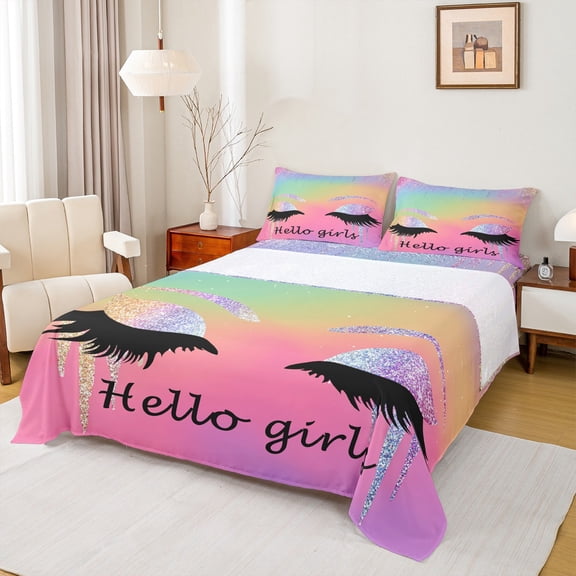 Castle Fairy Elegant Glitter Eyelash Twin Sheet Sets 3pcs for Teens Girls,Bling Makeup Twin Fitted Sheet Microfiber,Abstract Gradient Breathable Flat Sheet,Breathable Home Decor