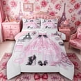 thumbnail image 1 of Castle Fairy Elegant Parisian Tulle Gown Queen Comforter Set 3 Pieces,Chic Black Bow High Heel Comforter Sets Queen,Pink Black White,Pink Reversible,1 Comforter and 2 Pillowcases, 1 of 6