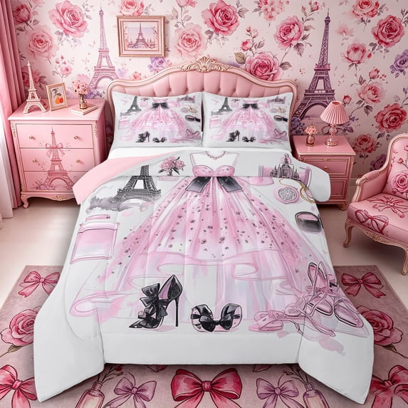 Castle Fairy Elegant Parisian Tulle Gown Queen Comforter Set 3 Pieces,Chic Black Bow High Heel Comforter Sets Queen,Pink Black White,Pink Reversible,1 Comforter and 2 Pillowcases