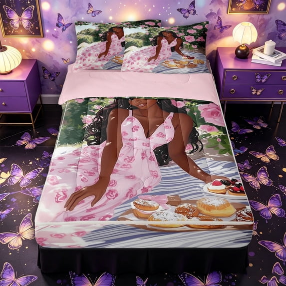 Castle Fairy Elegant Woman In Rose Garden Picnic Zipper Full Size Comforter Sets with Fitted Sheet and 2 Pillowcases,Pastel Floral Dress Pattern Zipper Bedding Set,Pink Reversible,4pcs