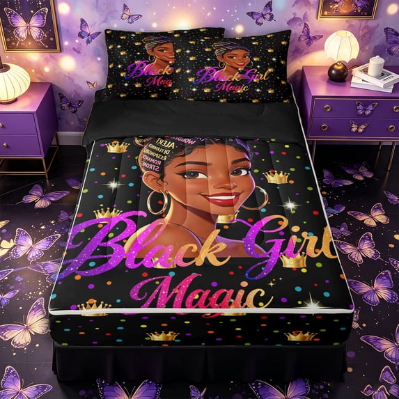 Castle Fairy Empowering Girl With Crown Motif Zipper Twin Comforter Sets with Fitted Sheet and 2 Pillowcases,Colorful Polka Dots Zipper Bedding Set,Black Purple Gold,Black Reversible,4-Piece