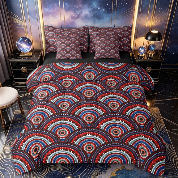 Castle Fairy Ethnic Fan Dot Tile Full Size Bedding Sets 7 Pieces,Round Radiant Eye Red White Navy Seamless Pattern Full Size Bed in a Bag,Red Navy,Black Reversible