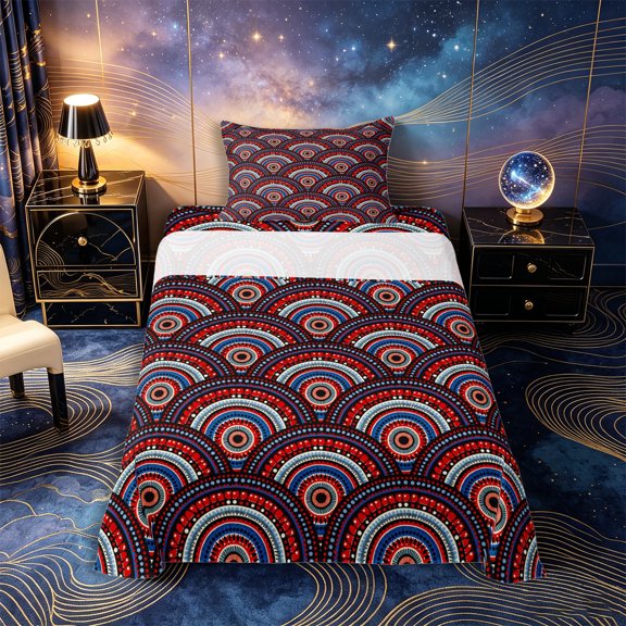 Castle Fairy Ethnic Fan Dot Tile Twin Sheets 3pcs,Round Radiant Eye Red White Navy Seamless Pattern Bedding,Red Navy,1 Fitted Sheet,1 Flat Sheet and 1 Pillowcase