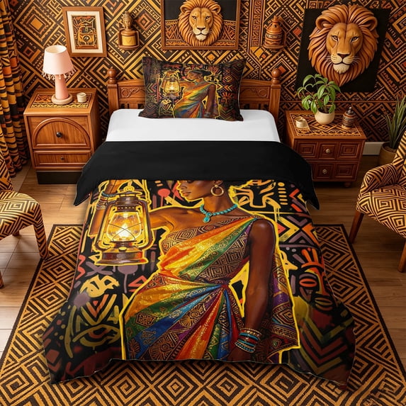 Castle Fairy Ethnic Lantern African Woman Twin Duvet Cover,Tribal Mask Pattern Twin Bedding,Orange Black Rainbow,Grey Reversible,1 Duvet Cover and 1 Pillowcase