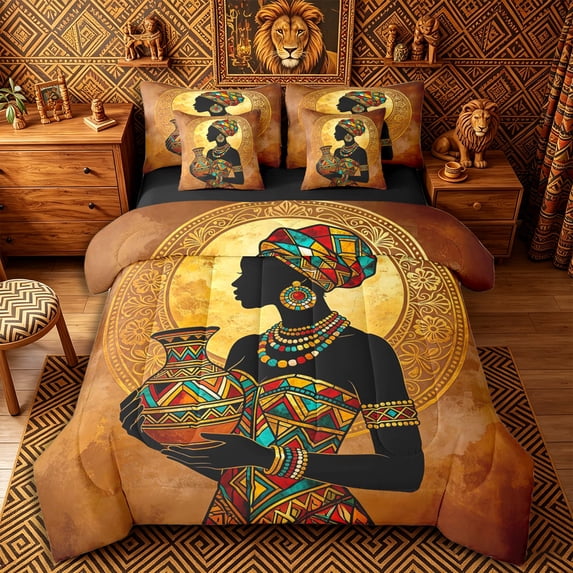 Castle Fairy Ethnic Silhouette Lady With Pot King Bedding 7pcs,Vintage Circular Mandala Design King Bed in a Bag,Orange Teal Yellow,Black Reversible
