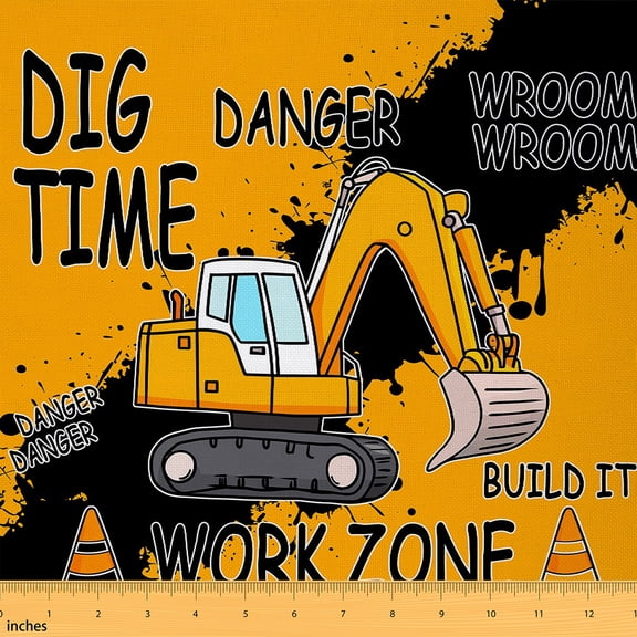 Castle Fairy Excavator Fabric by the Yard 3 Yards for Boys, Construction Site Home Decor Fabric by the Yard, Orange Black Sewing Fabric, Ultra Soft Home Decor