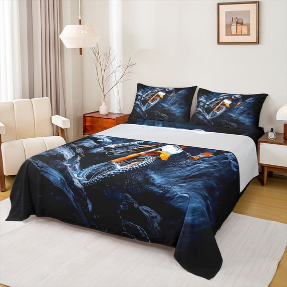 Castle Fairy Extreme Motocross Queen Sheet Sets 4 Pieces for Men, Rocky Terrain Bed Set for Bedroom, Orange and Blue