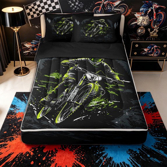 Castle Fairy Extreme Mountain Bike Zipper Twin Comforter Sets with Fitted Sheet and 2 Pillowcases,Neon Forest Trail Zipper Bedding Set for Bedroom,Black Green,4-Piece,Black Reversible