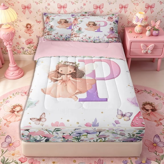 Castle Fairy Fairy Garden Letter P Zipper Full Size Comforter Sets with Fitted Sheet and 2 Pillowcases for Girls,Cartoon Floral Elf Zipper Bedding Set,4pcs,Reversible