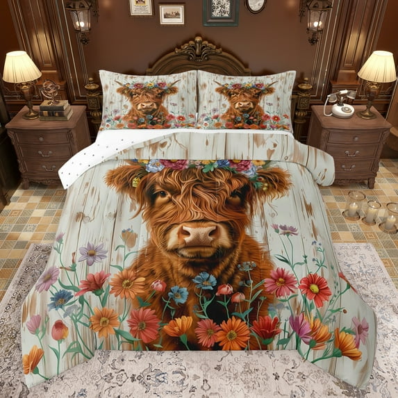 Castle Fairy Farm Animal Cattle 3 Pieces Queen Comforter Set for Teenagers,Vintage Farmhouse Highland Bull Ultra Soft Bedding Sets,Retro Aesthetic Floral Flowers Bedding Comforter Set Breathable