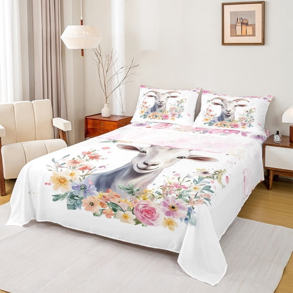 Castle Fairy Farm Animal Goat 4pcs Bed Sheets for Teenagers,Colorful Floral Flowers King Sheets,Retro Vintage Aesthetic Super Cozy Sheet Set,Luxury Bedroom Decor
