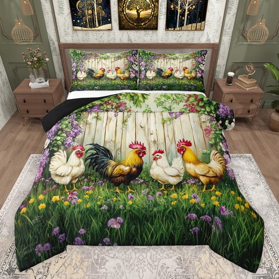 Castle Fairy Farm Chicken Rooster 3 Pieces Queen Comforter Set for Boys Girls,Rustic Farmhouse Animal Ultra Soft Bedding Sets,Chic Floral Flowers Bedding Comforter Set Breathable