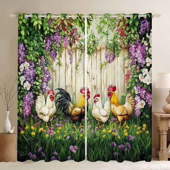 Castle Fairy Farm Chicken Rooster Black Out Curtains for Boys Girls,Rustic Farmhouse Animal Curtains Pack of 2 (42x63 Each),Chic Floral Flowers Bedroom Curtains,Microfiber Bedroom Decor