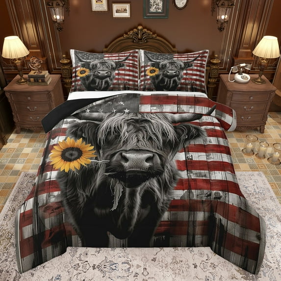 Castle Fairy Farm Highland Cattle Bedding Comforter Set 2pcs for Boys Girls,Vintage American Flag Twin Comforter Sets Microfiber,Chic Floral Sunflower Breathable Bedding Set,Microfiber Bedroom Decor