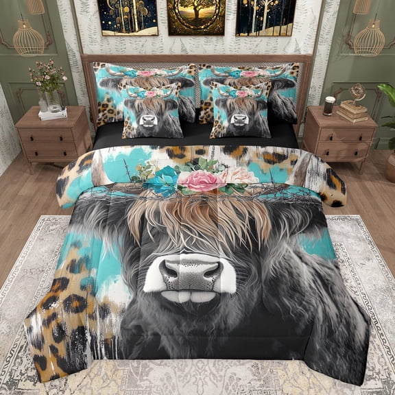 Castle Fairy Farm Highland Cow Bedding Comforter Set 7-Piece for Boys Girls,Abstract Leopard Cheetah Print King Bedding Sets,Rustic Farmhouse Animal Ultra Soft Bed Sheets,Microfiber Bedroom Decor