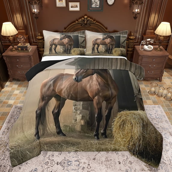 Castle Fairy Farm Horse 3 Pieces Queen Comforter Set for Boys Girls,Rustic Farmhouse Animal Ultra Soft Bedding Sets,Vintage Cabin Cottage Bedding Comforter Set Breathable,Luxury Bedroom Decor