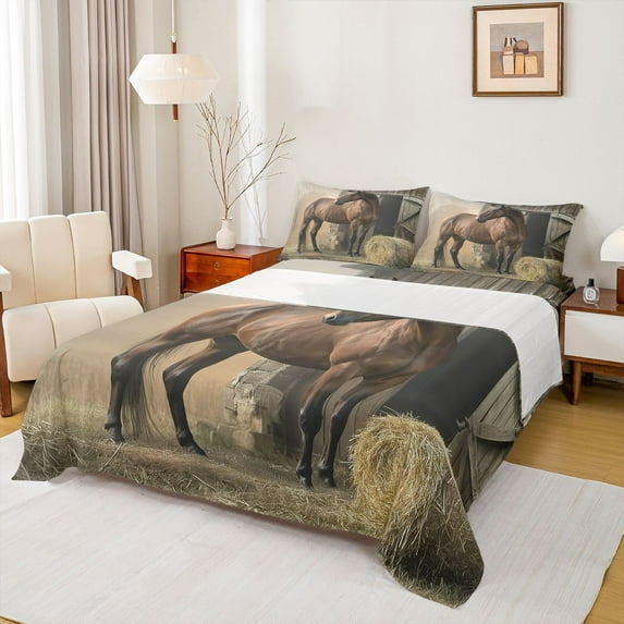 Castle Fairy Farm Horse 4pcs Bed Sheets for Boys Girls,Rustic Farmhouse Animal King Sheets,Vintage Cabin Cottage Super Cozy Sheet Set,Luxury Bedroom Decor