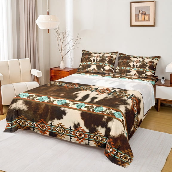 Castle Fairy Farmhouse Animal Cow Print 4-Piece Full Size Sheets for Boys Girls Teens,Abstract Aztec Bed Sheets,Southwestern Style Lightweight Sheet Sets,Microfiber Bedroom Decor