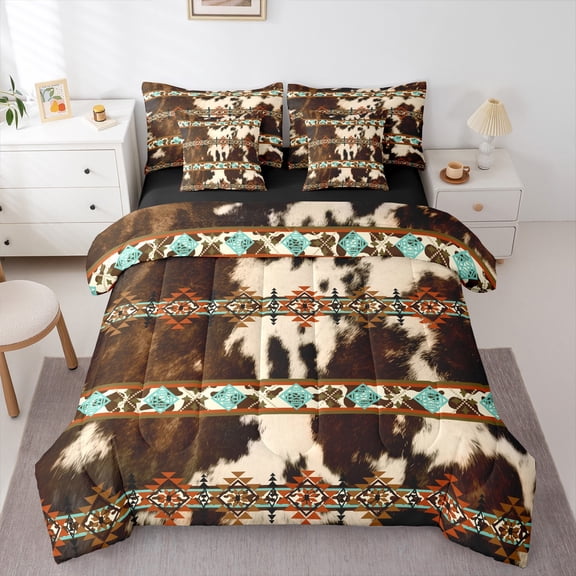 Castle Fairy Farmhouse Animal Cow Print 7-Piece Bedding Comforter Set for Boys Girls Teens,Abstract Aztec King Bedding Sets,Southwestern Style Ultra Soft Bed Sheets,Microfiber Bedroom Decor
