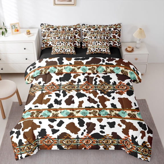 Castle Fairy Farmhouse Animal Cow Print 7-Piece Twin Bedding Sets for Boys Girls Teens,Abstract Aztec Bedding Comforter Set,Southwestern Style Breathable Sheet Sets,Microfiber Bedroom Decor