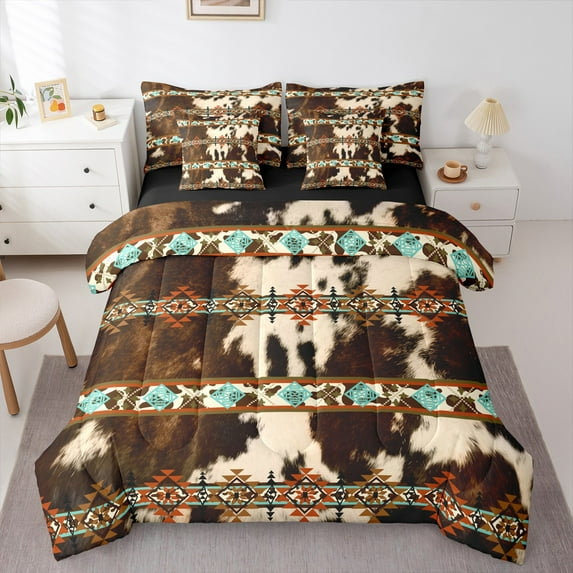 Castle Fairy Farmhouse Animal Cow Print 7-Piece Twin Bedding Sets for Boys Girls Teens,Abstract Aztec Bedding Comforter Set,Southwestern Style Breathable Sheet Sets,Microfiber Bedroom Decor