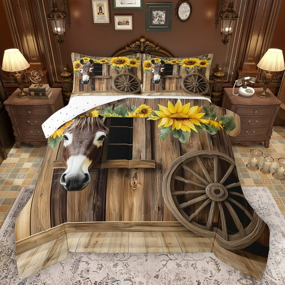 Castle Fairy 3-Piece Queen Size Comforter Set, Farmhouse Donkey and Sunflower Animal Print