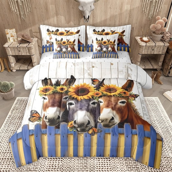 Castle Fairy Farmhouse Animal Donkey Bedding Comforter Set 7-Piece for Female Men Women,Sunflower Butterflies King Bedding Sets,Lodge Cabin Ultra Soft Bed Sheets,Luxury Bedroom Decor,Reversible
