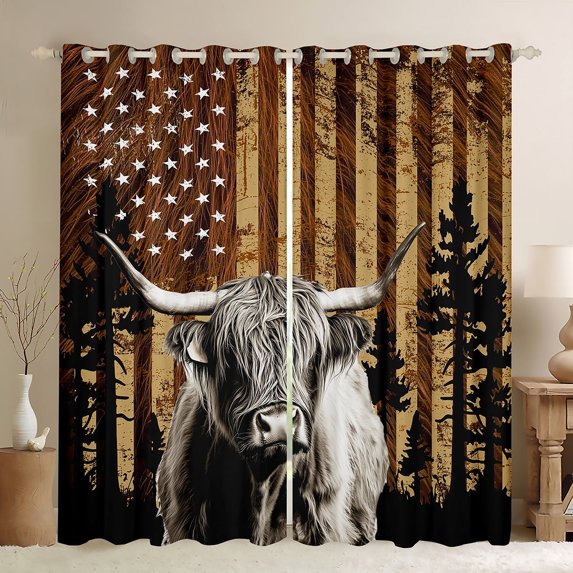 Castle Fairy Farmhouse Animal Highland Cow Black Out Curtains for Teens,American Flag Curtains Pack Of 2 (42X63 Each),Retro Vintage Bedroom Curtains,Microfiber Bedroom Decor