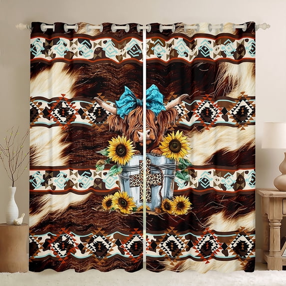 Castle Fairy Farmhouse Animal Highland Cow Print Blackout Curtains Set of 2 (52x84 Each) for Teens Adults,Bohemian Western Aztec Window Curtains,Chic Floral Sunflowers Curtains and Drapes