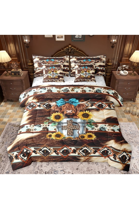 Farmhouse Animal Highland Cow Print Twin Bedding Sets 7-Piece for Teens Adults,Bohemian Western Aztec Bedding Comforter Set Microfiber,Chic Floral Sunflowers Breathable Sheet Sets