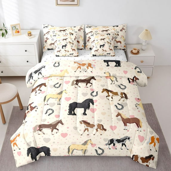 Castle Fairy Farmhouse Animal Horse Bedding Comforter Set 7-Piece for Teens,Cartoon Love Heart King Bedding Sets,Western Vintage Aesthetic Ultra Soft Bed Sheets,Microfiber Bedroom Decor,Reversible