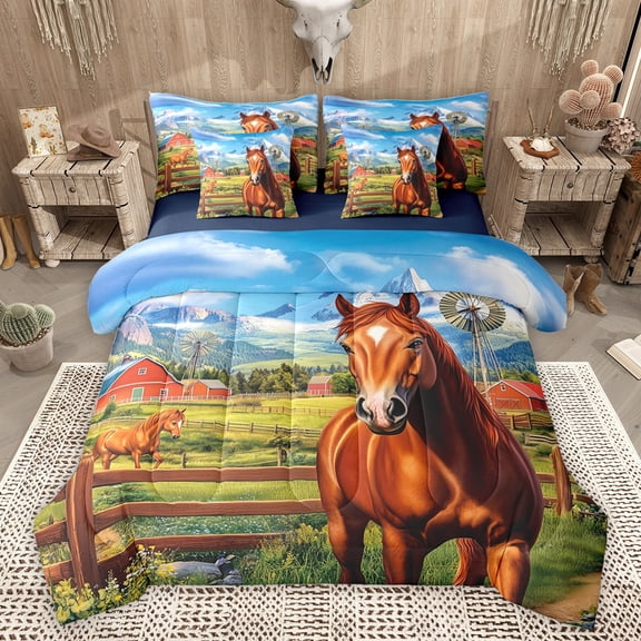 Castle Fairy Farmhouse Animal Horse Bedding Comforter Set 7pcs for Female Men Women,Rustic Cabin Cottage Queen Bedding Sets Super Cozy,Farmhouse Animal Queen Sheet Sets,Luxury Bedroom Decor