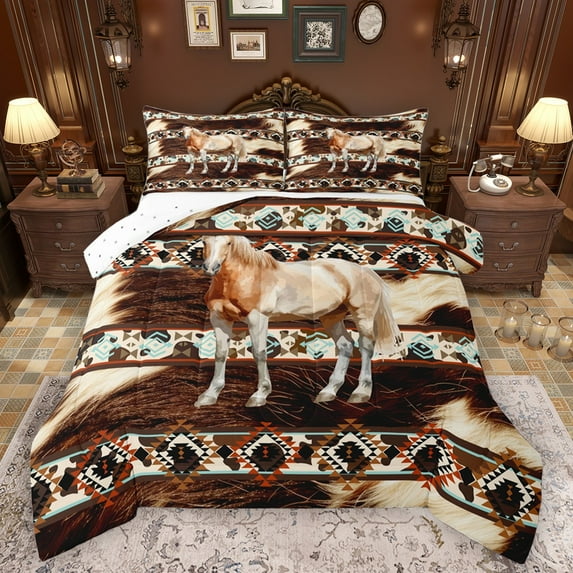 Castle Fairy 3-Piece Full Size Comforter Set, Horse and Cow Aztec Western Print