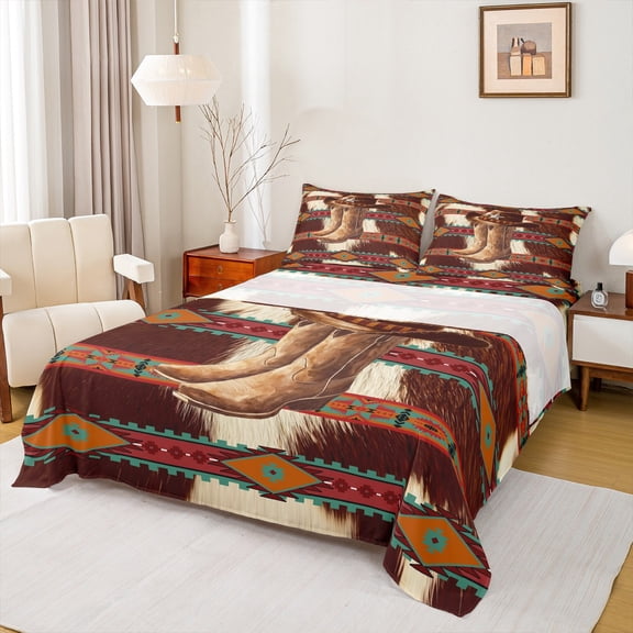 Castle Fairy Farmhouse Cow Print Bed Sheets,Bohemian Tribal Aztec King Sheets